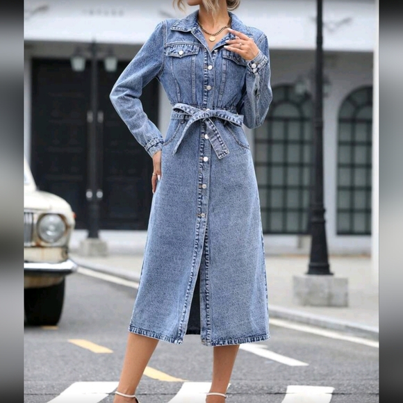 Flap Pocket Belted Denim Dress Fall Cloth For Women - Picture 7 of 7